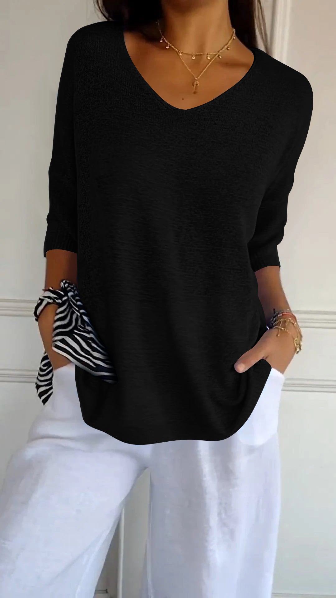 Felicidad - Camiseta de punto con cuello en V