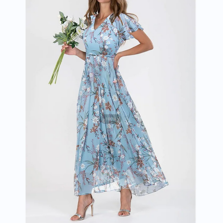 Graciela - Vestido largo de manga corta con estampado floral